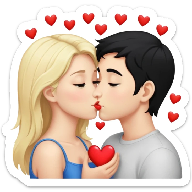 Couple of blonde girl and boy with black hair and fair skin is kissing with a lot of hearts around them sticker