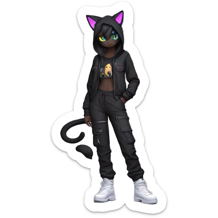 Edgy Anthro cool shy colorful urban beautiful pretty anime Black cat-Pokémon-fursona techwear cargo pants hoodie sticker