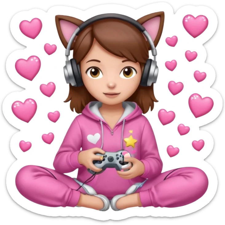 A brown-haired cartoon girl in a pink sparkly hoodie with headphones on, holding a game controller, surrounded by hearts, stars, and a puppy and kitten cuddling at her feet. sticker