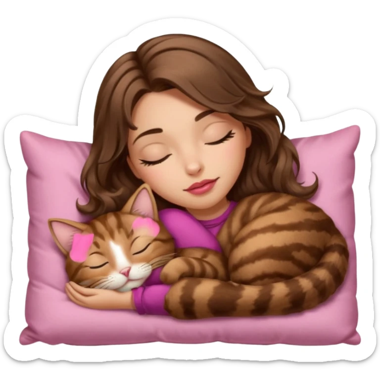 girl with long wavy brown hair, brown eyes, long lashes makeup, sexy pink lips, light to medium complexion,  sleeping on a cozy pillow, with brown tabby cat, sleeping sticker