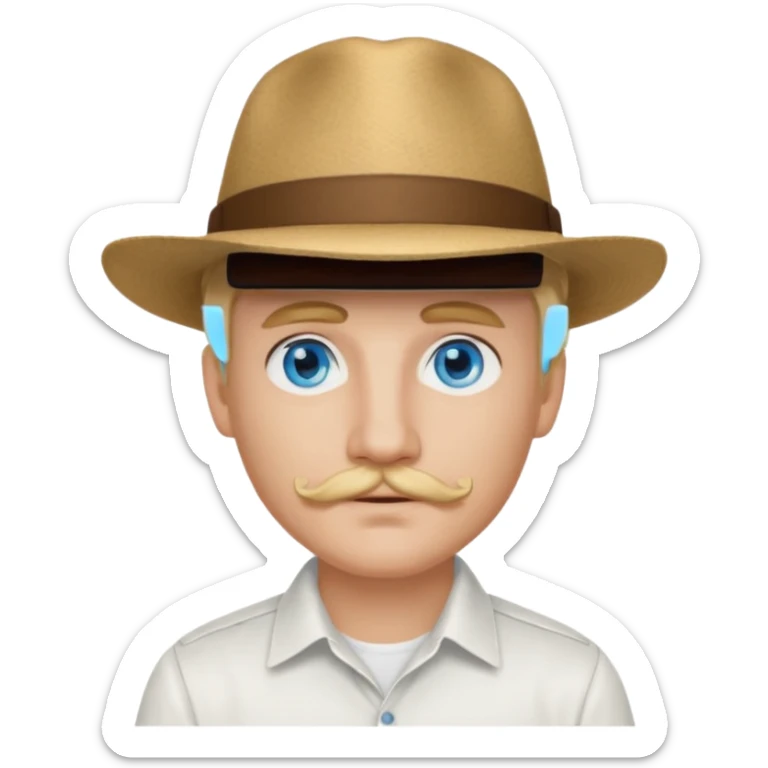 Justin Jeffre blue eyes, blonde hair and brown mustache, white shirt and hat sticker