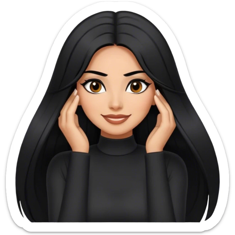 beautiful woman boss, with long straight black hair, with make up, black eye liner, smile, mexican, brown skin, wearing beautiful sexy black outfit, she’s posing her head in her hands shés shy sticker
