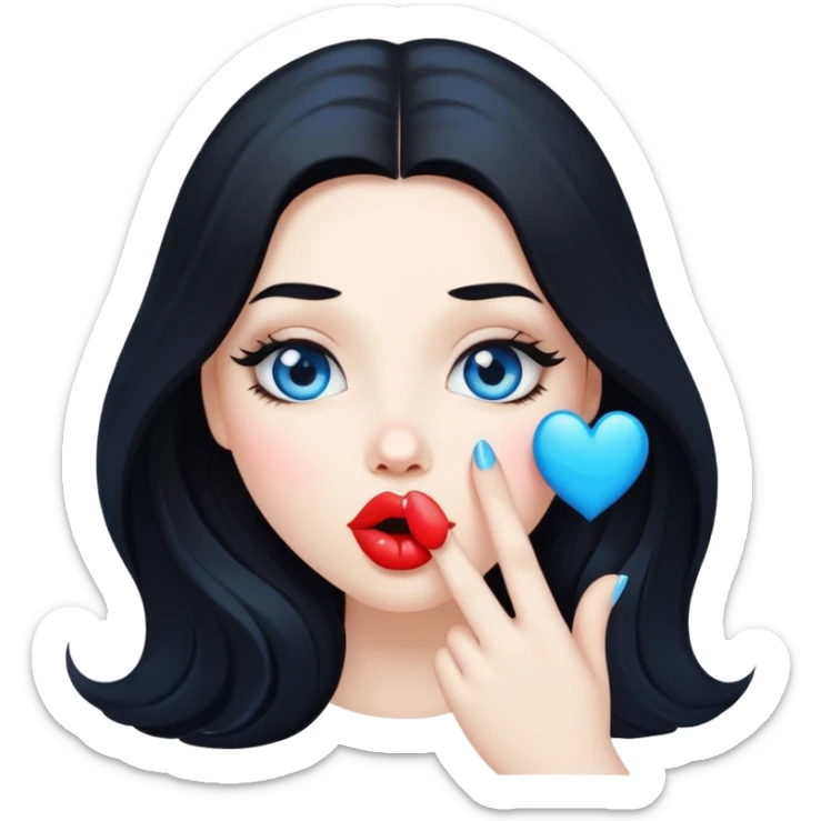 A cool pale girl with plump lips, long black hair, and blue eyes blows a kiss. sticker