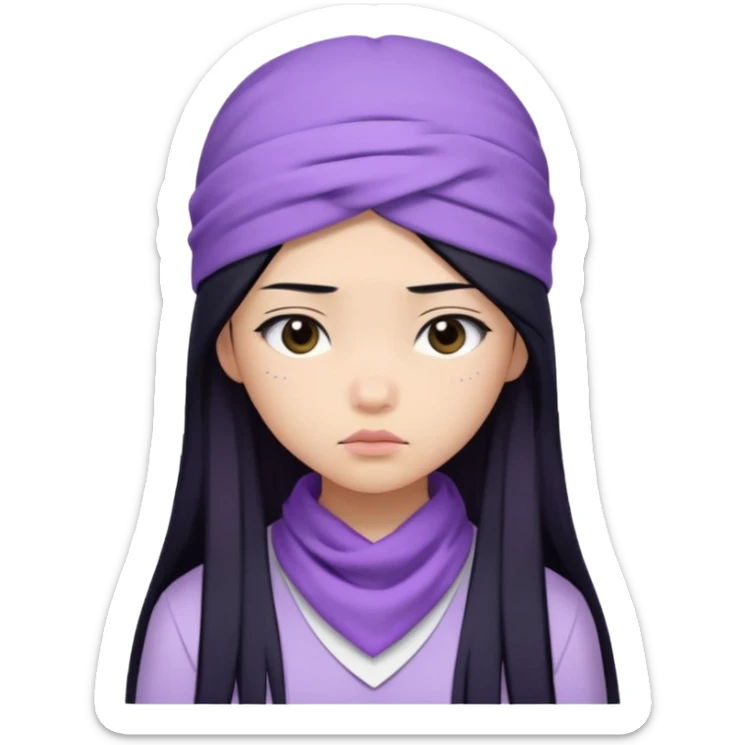 Asian girl with straight long hair, lilac bandana, white and lilac clothes, sad face sticker