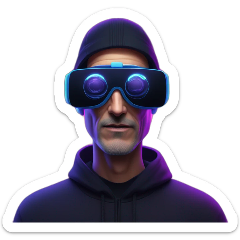 Steve Jobs wearing a black hoodie with "OMG" letters on it and VR headset in a cyberpunk VR environment with violet neon lighting. sticker