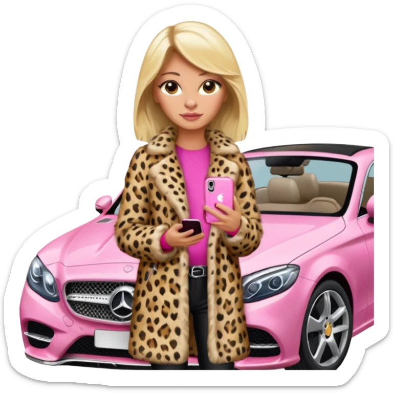 a blondie queen Arina in a leopard fur and pink iPhone on her mercedes sticker