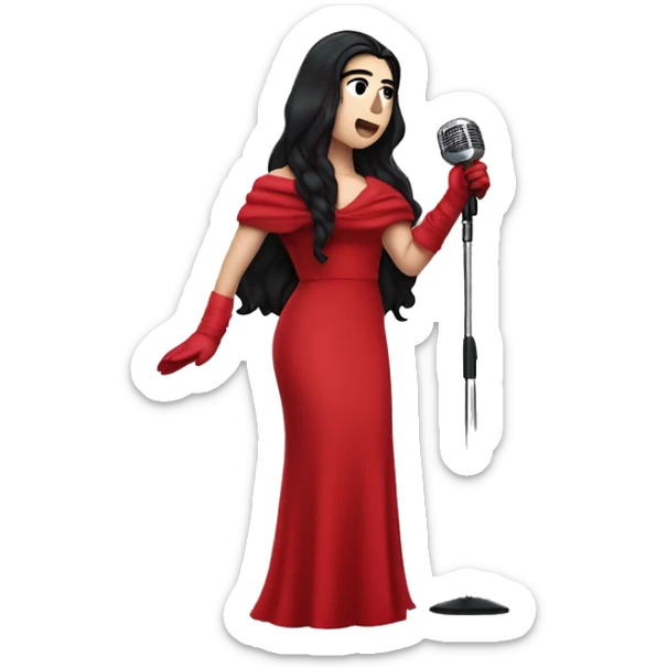 Dua Lipa, with long dark hair, wearing a red gown with red gloves and a red scarf, singing with a microphone on her hand. sticker