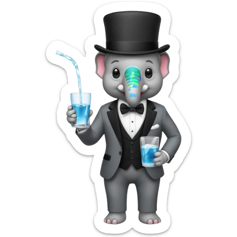 elephant wearing suit, bowtie and top hat, holding glass of water sticker