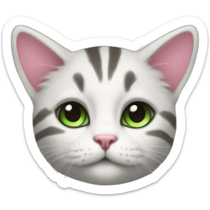 I want a cat with green eyes, white and striped fur, and a pink nose sticker