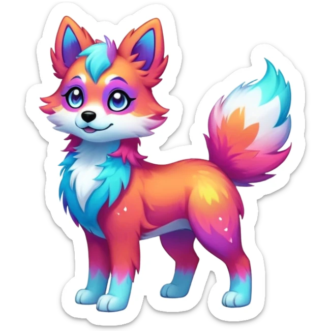 Vibrant multicolored neon-colored Falvie-Fionbri-creature-sparkle-dog-fursona, full body sticker
