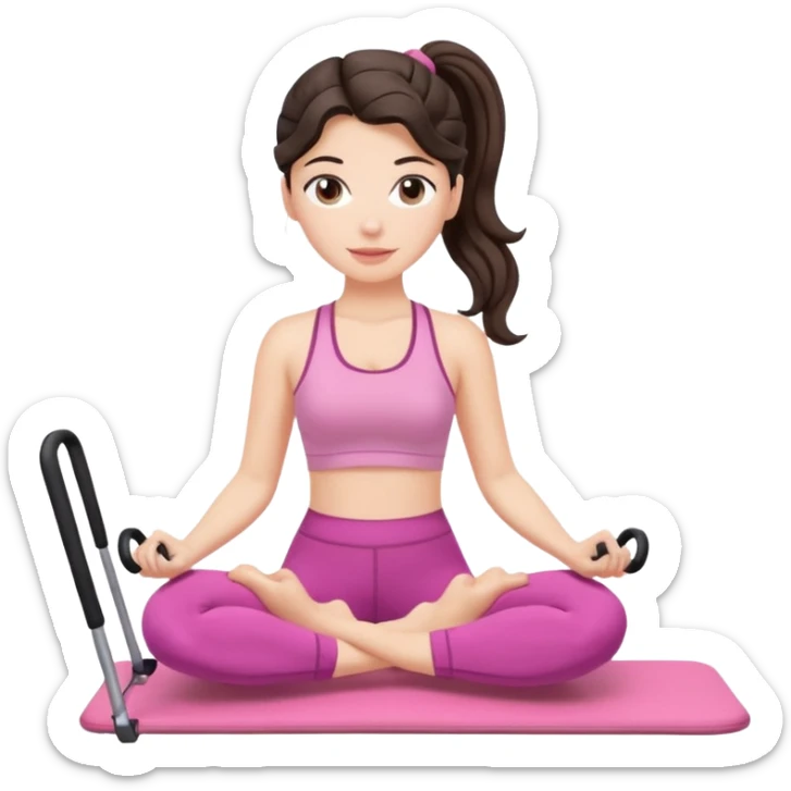 european white woman with dark wavy hair in ponytail using a pink set doing pilates sticker