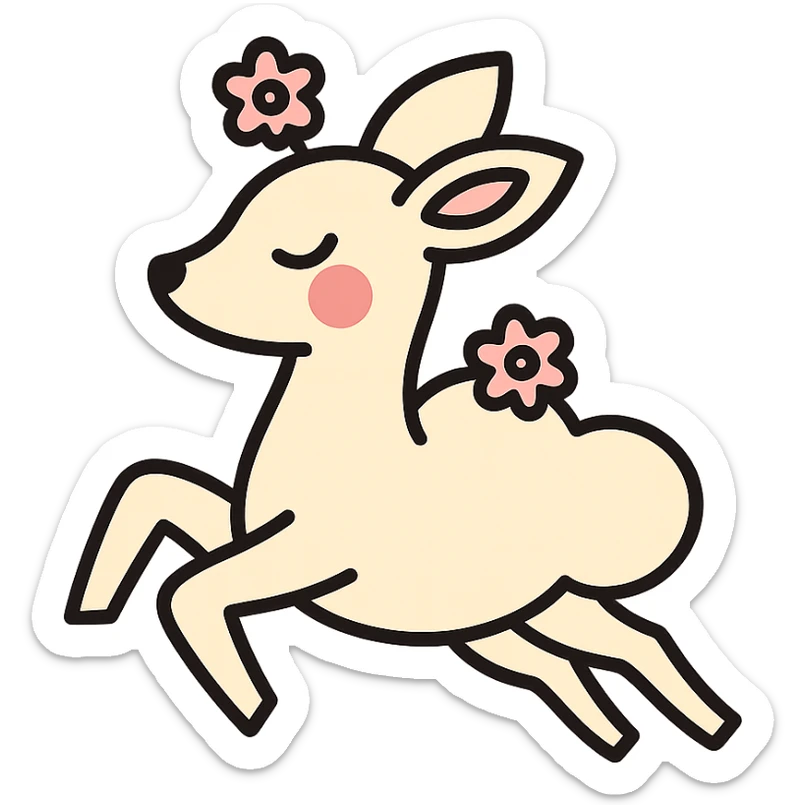 feminine adult vanilla cloud doe with rosy cheeks and cherry flowers, floating gracefully, minimalist style, brand identity, social media sticker