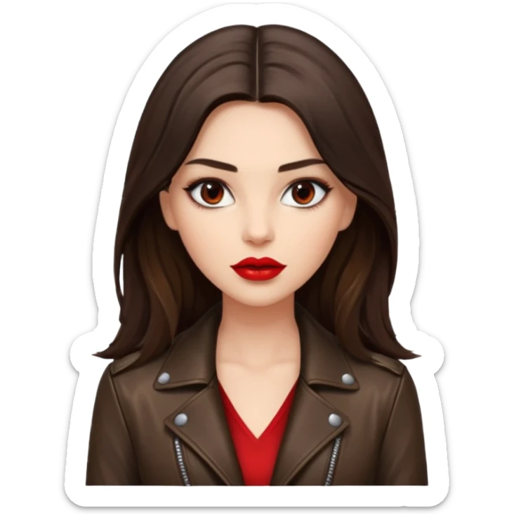 brunette with long hair in cuir jacket with red lips and very dark brown eyes sticker