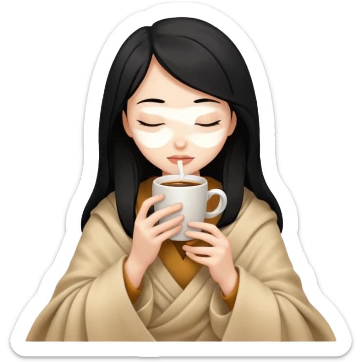 black hair girl long hair inside a beige blanket sipping coffee eyes closed sticker