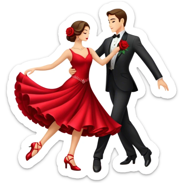 humanless Icon for Ballroom Dancing: a pair of ballroom dance shoes, a rose, a dance floor, a flowing, voluminous ballroom dress in motion, and a shining spotlight. The icon should represent the elegance and atmosphere of ballroom dancing, focusing on the attire and setting. Transparent background. sticker