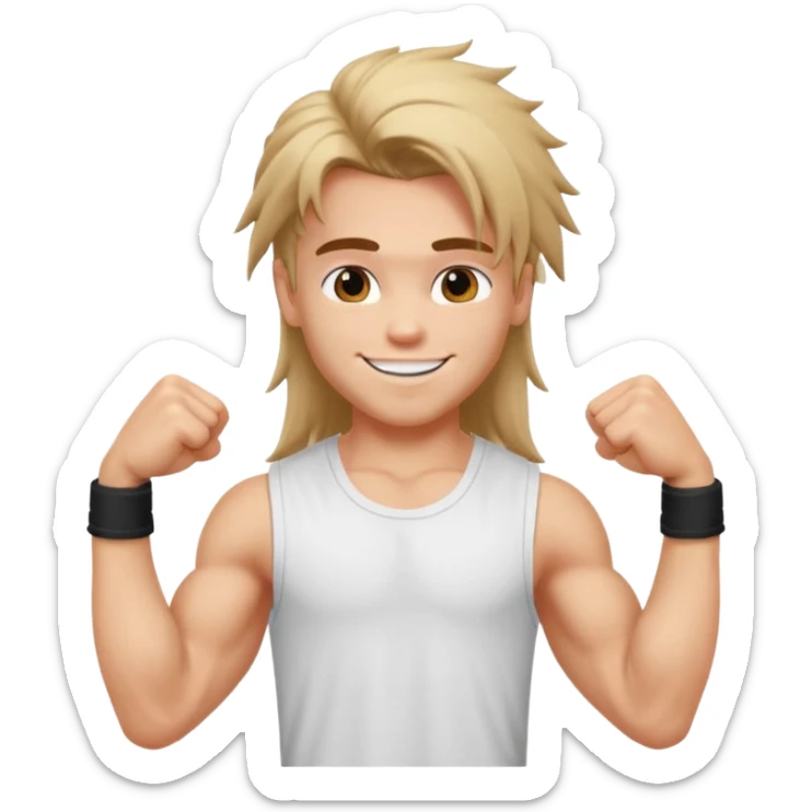 generate a pretty bratz boy with messy long mullet hair, sleeveless white tshirt, big biceps sticker