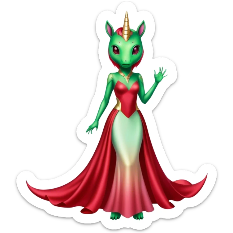 "reptilian green alien woman, in long slim pastel red formal party satin dress with gradient shiny sparkling dark red", rides "unicorn gold and white"
 sticker