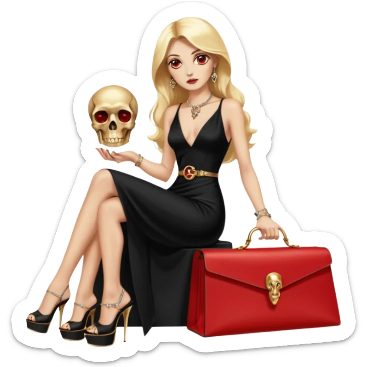 Lilith symbol red eye seductress  length blonde haired powerful woman with Gucci, and Hermes bags next to her. Wearing long dress with slit, sitting on of gold and diamonds. Black Platform high heels on feet. seat stacked with designer bags,  dead human skull of her enemies in her other hand sticker