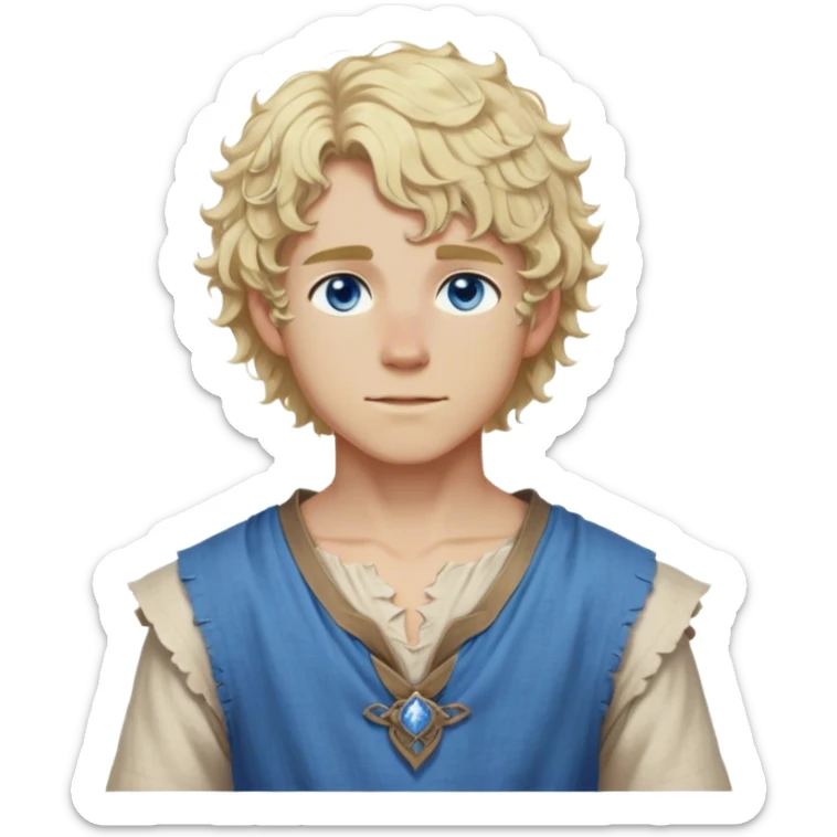 medieval summer outfit worn by a DnD themed fantasy male character. thin sleeveless linen tunic with a V-shaped neckline and frayed edges. clothes only above the waist. The clothes full waist. The character's haven't arms. character is white-skinned, blonde hair, blue eyes, short curly hair. sticker