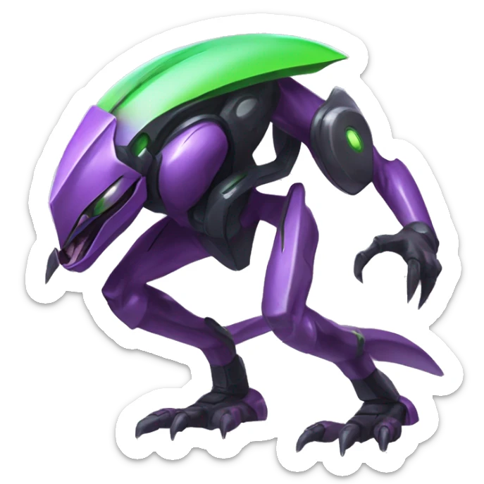 a shiny black-purple-green Genesect-Raptor-Fakémon—hybrid with a futuristic visor-helmet full body sticker