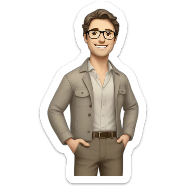 Joyful Full height Pale skinned Fit Man With dark brown hair in gray jacket, beige office shirt, Brown pants and vintage glasses. His thrumbs up sticker