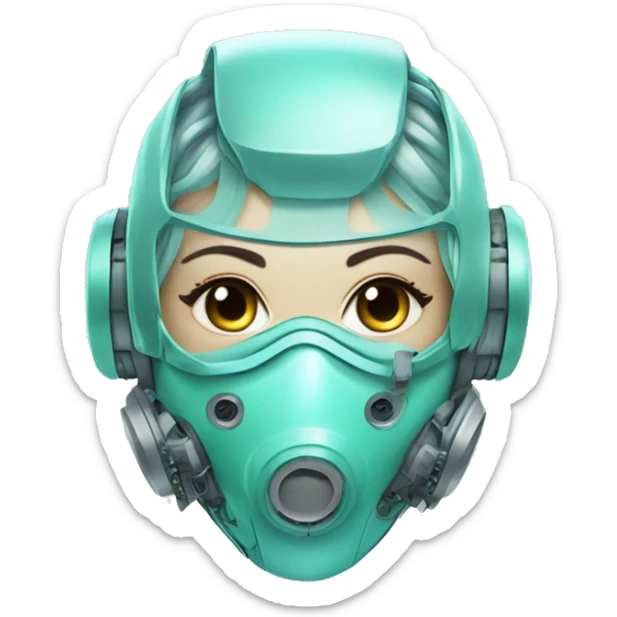 Pastel aqua hair female cyborg head with respirator mask and circuits sticker