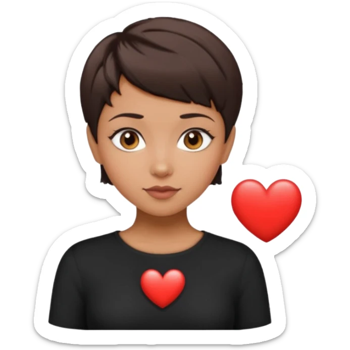 woman pixie cut dark brown hair, tan skin, brown oval eyes, heart shaped face sticker