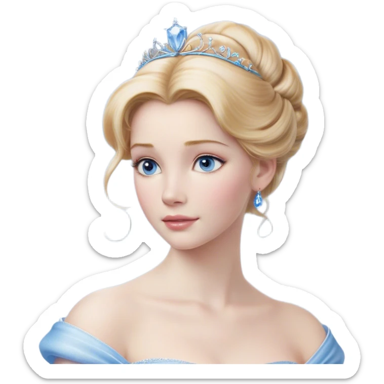 Cinematic Realistic Cinderella Portrait, depicted with lifelike skin texture, subtle rosy undertones, and soft natural lighting that enhances the gentle contours of her face. Her intricately detailed golden blonde hair is elegantly styled in an updo, with delicate wisps framing her face. Her deep, expressive blue eyes radiate warmth and sincerity, reflecting a quiet resilience and grace. She holds a glass slipper gently in one hand, her other hand resting gracefully at her side, emphasizing the timeless beauty of the moment. She is dressed in her iconic ball gown, the fabric shimmering with intricate embroidery and fine translucent layers that catch the light beautifully. The soft sheen of satin gloves adds a magical touch to her graceful pose. The portrait features an enchanting glow with a natural, luminous finish, seamlessly blending realism and fairytale charm to evoke a sense of depth, elegance, and timeless beauty. sticker