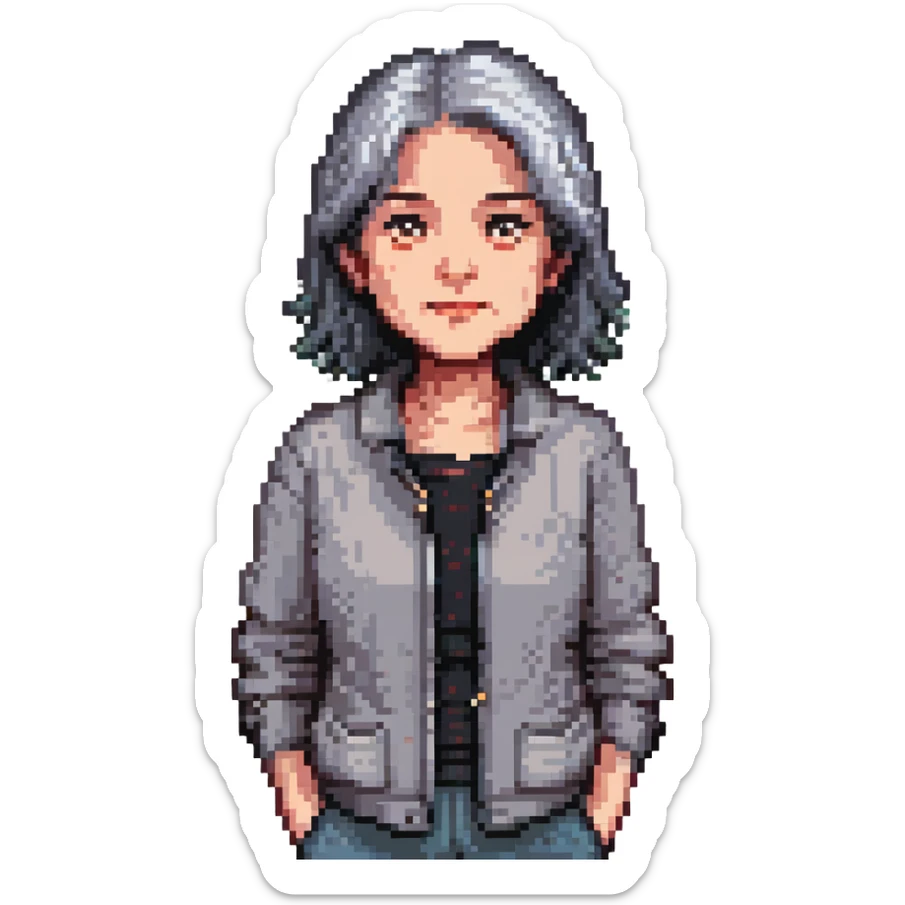 50-year-old woman with gray and black hair, neutral expression, simple clothing, pixel art style sticker