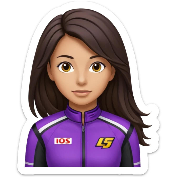 brunette long hair woman with black racing outfit with purple strips sticker
