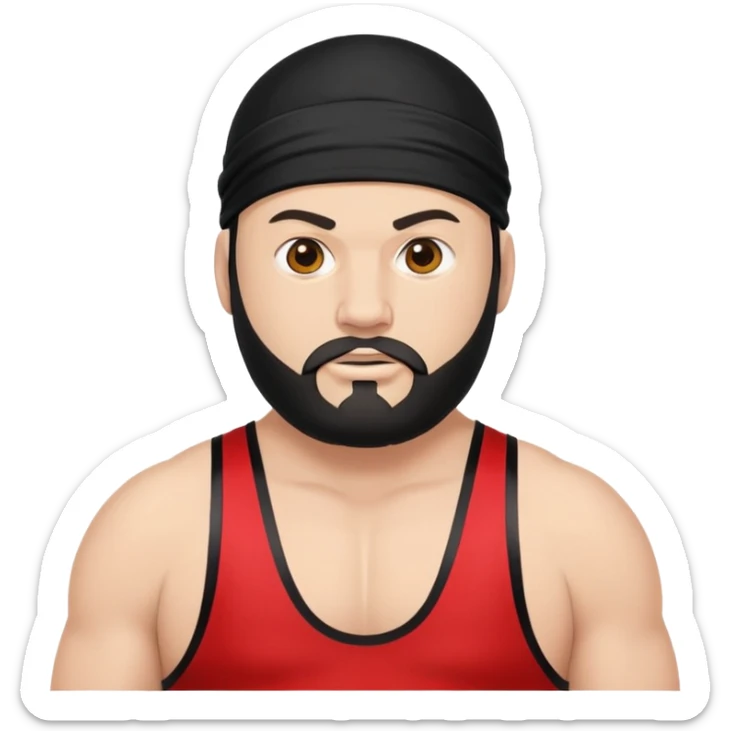 White skin fat guy with black durag and black beard in a red and black wrestling singlet sticker