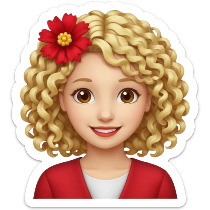 ["Fair skin female, curly blonde hair, red floral hair clip."] sticker