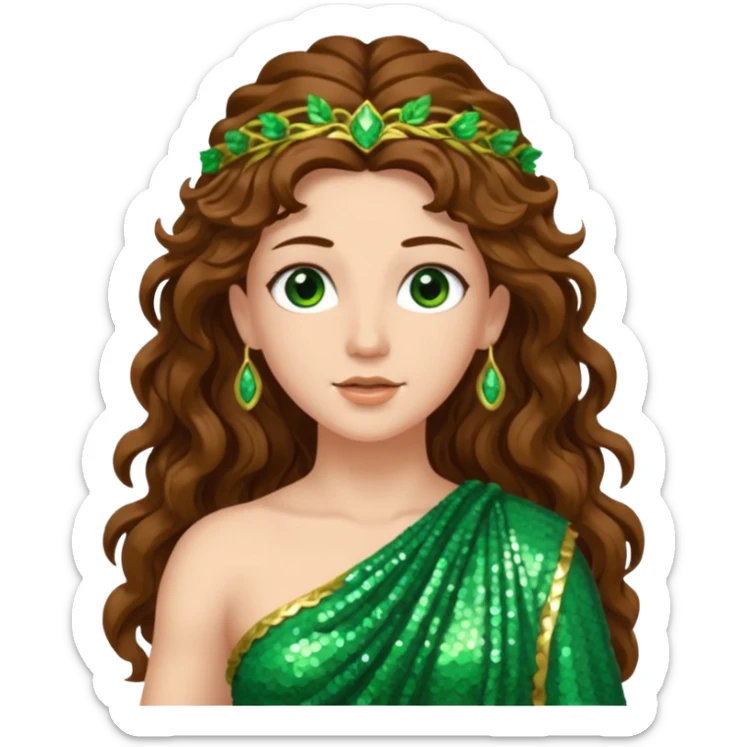 Terra, Goddess of Earth from Roman Deities with long brown wavy hair, green sequin toga  sticker