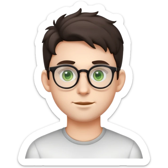 young male emoji with youthful face, poofier slightly curly dark hair, big ears, pale skin, glasses, green eyes set wider apart, very light stubble sticker
