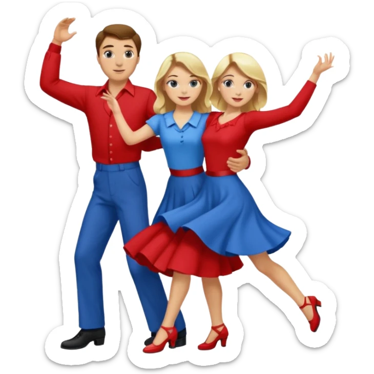 Two people. Man wearing all  RED with brown hair. Women  ALL blue with blond hair. Swing Dancing.  sticker