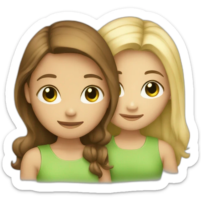 Two girls hugging: one has brown hair and brown eyes, and the other is blonde with green eyes. sticker