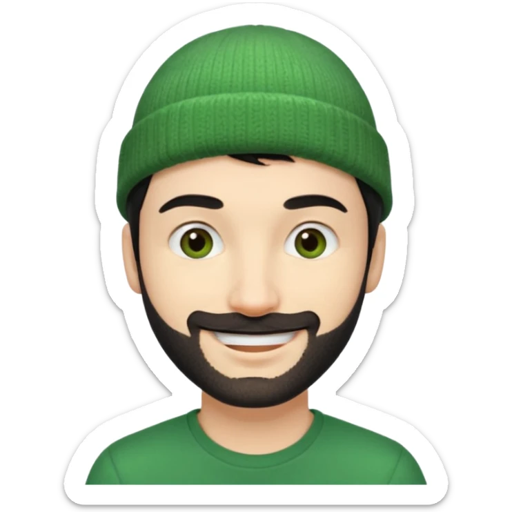 30-year-old French man, short black hair, green beanie, stubble, smiling sticker