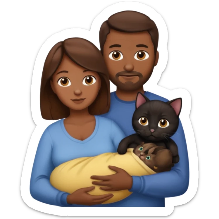 1 mom brown hair, 1 dad no beard, 1 baby and 1 black cat sticker