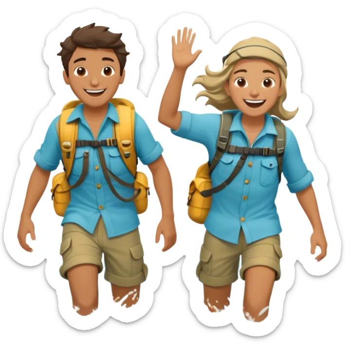 Two friends stand in the ocean, dressed in sea-worn, explorer-like clothing—loose, flowing shirts and water-ready gear that hints at adventure. They splash each other playfully, laughing as the waves crash around them. Their eyes meet, full of joy and appreciation for the moment, completely immersed sticker