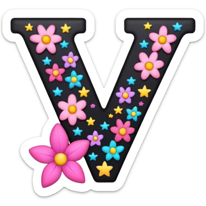 The letter V in black font with a pink heart stars and flowers sticker