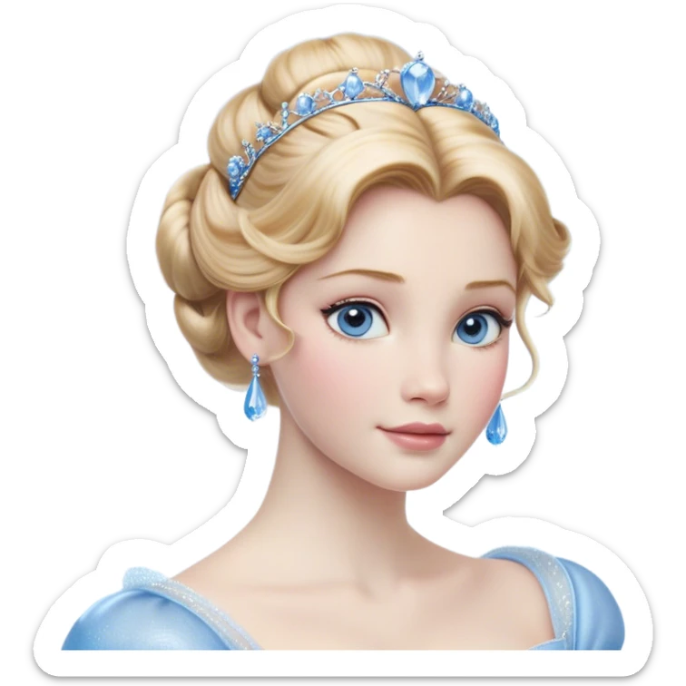 Cinematic Realistic Cinderella Portrait, depicted with lifelike skin texture, subtle rosy undertones, and soft natural lighting that enhances the gentle contours of her face. Her intricately detailed golden blonde hair is elegantly styled in an updo, with delicate wisps framing her face. Her deep, expressive blue eyes radiate warmth and sincerity, reflecting a quiet resilience and grace. She holds a glass slipper gently in one hand, her other hand resting gracefully at her side, emphasizing the timeless beauty of the moment. She is dressed in her iconic ball gown, the fabric shimmering with intricate embroidery and fine translucent layers that catch the light beautifully. The soft sheen of satin gloves adds a magical touch to her graceful pose. The portrait features an enchanting glow with a natural, luminous finish, seamlessly blending realism and fairytale charm to evoke a sense of depth, elegance, and timeless beauty. sticker
