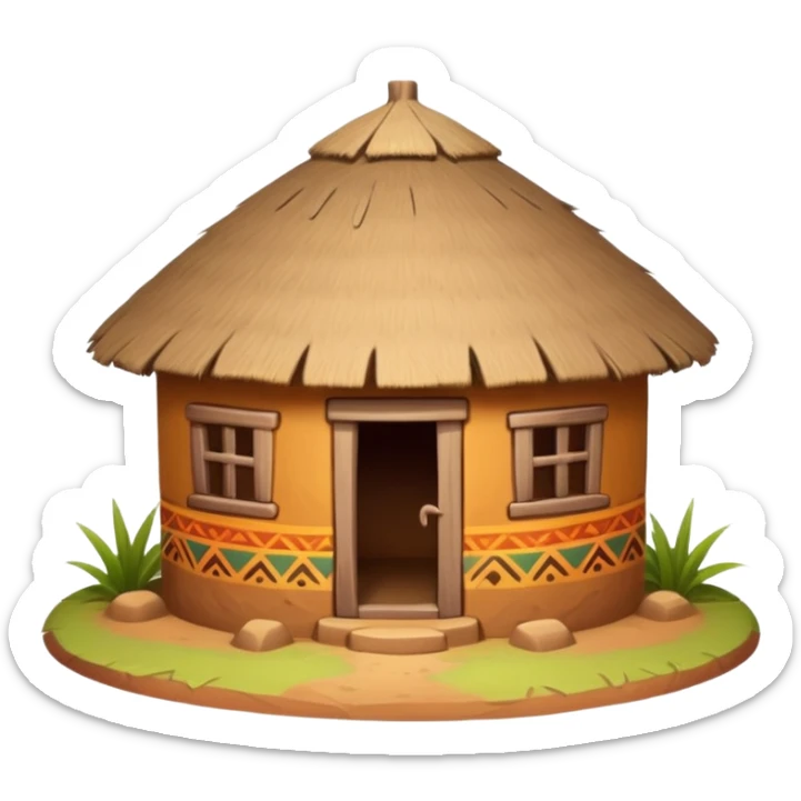 African mud hut tribal house, round adobe clay house, thatched roof, warm sunlight, colorful tribal patterns, cute mobile game icon, 3D cartoon, high detail, clean background sticker