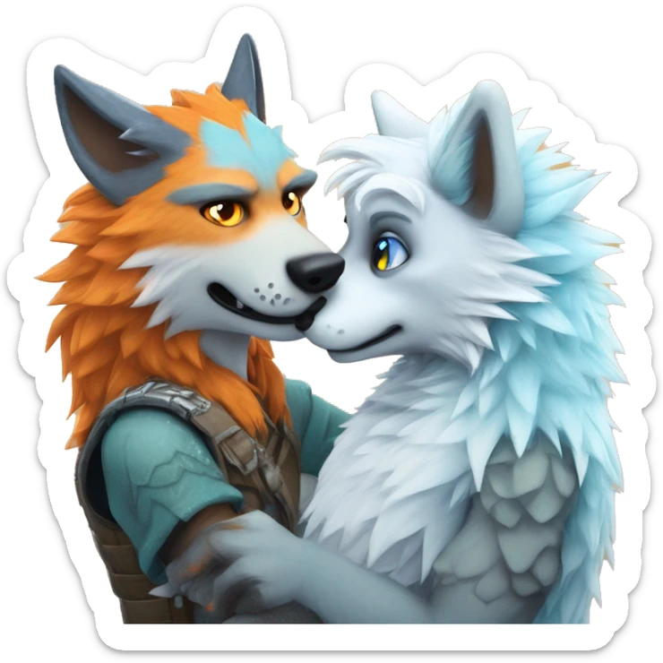 Male wolf furry getting patted on the head by a Male lizard-fox hybrid furry with orange fur interspersed with shimmering orange scales, lizard nose, icy blue eyes, white emo Hair sticker
