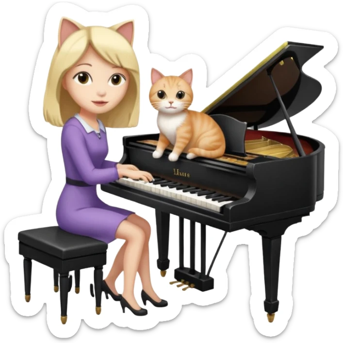 woman playing piano while her cat sits on top of the piano sticker