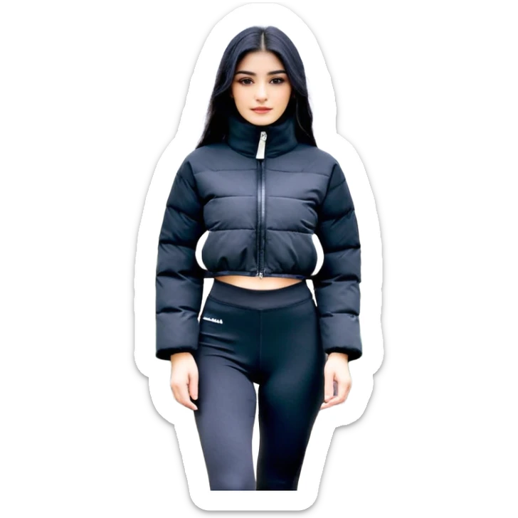 Siyah uzun saçlı siyah ceket  polar ceket ceket gevşek biraz omzundan çıkıyormuş gibi ve bugday ten rengi soltaraftaki omzundan çıkık sadece içinde de siyah crop var crop açık esmer esmer sticker
