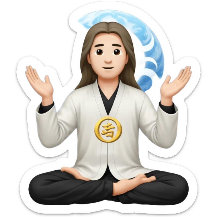 homme au cheveux long qui pratique le qi gong, habits noirs ou blancs,dans la position suivante : le ciel et la terre communiquent sticker