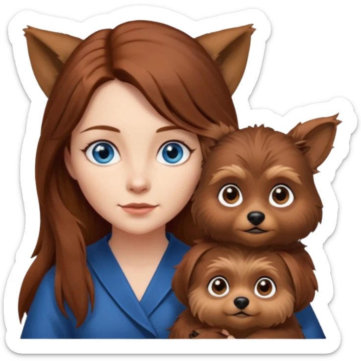 long hair chestnut color blue eyes woman holding small pointy ear ewok dog sticker