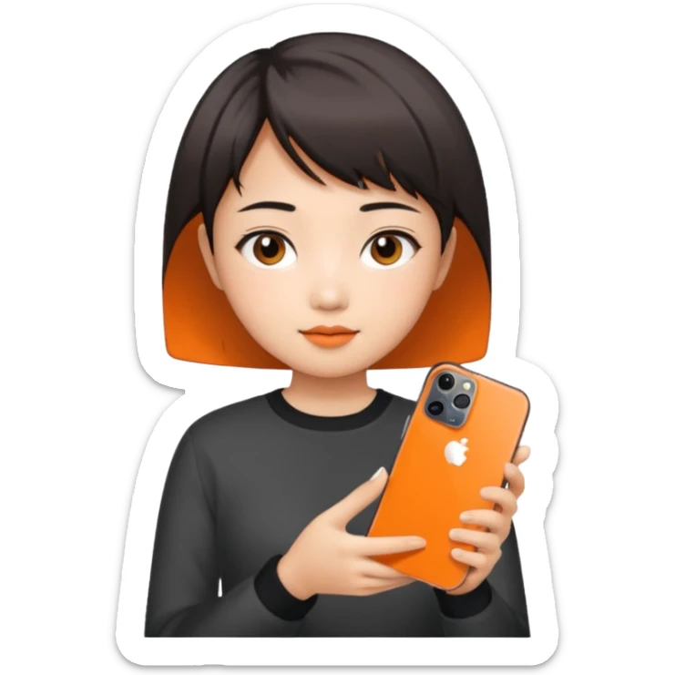 Asian girl with short hair girl holding iphone 17 pro orange sticker