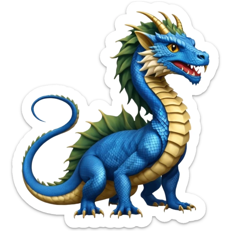 Mušḫuššu, mythic hybrid, blue or turquoise dragon-snake body, lion mane, lion forelegs, eagle talons hind legs, horned dragon head, lizard tail, snake tongue, no wings, ancient, regal sticker