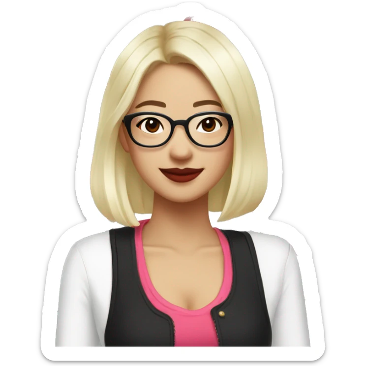 Asian girl, smiling with teeth, fair skin, black long hair, black eyes, black glasses with gold frames, red lipstick, wearing a white lace tank top and a black office jacket on top, with pink and red roses around her sticker